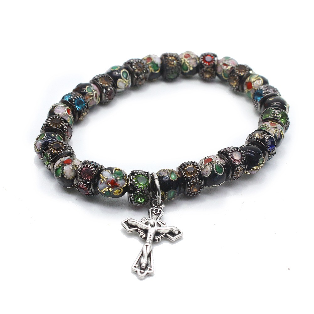 闪钻宝石手工景泰蓝十字架手链手环（弹力绳）bracelet